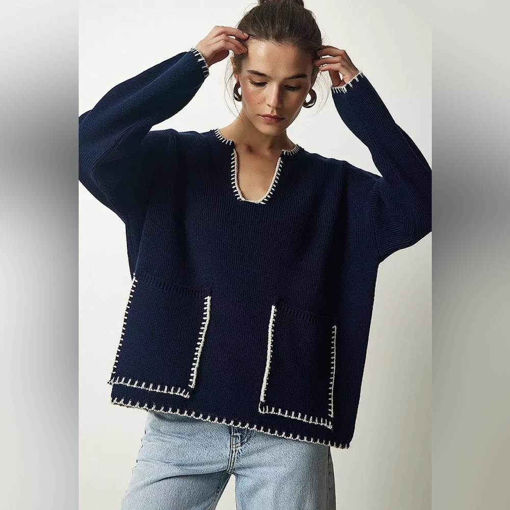 ZARA Woven Heavy Sweater Navy Knit Top w White Stitching Front Pockets V-neck - Picture 2 of 15